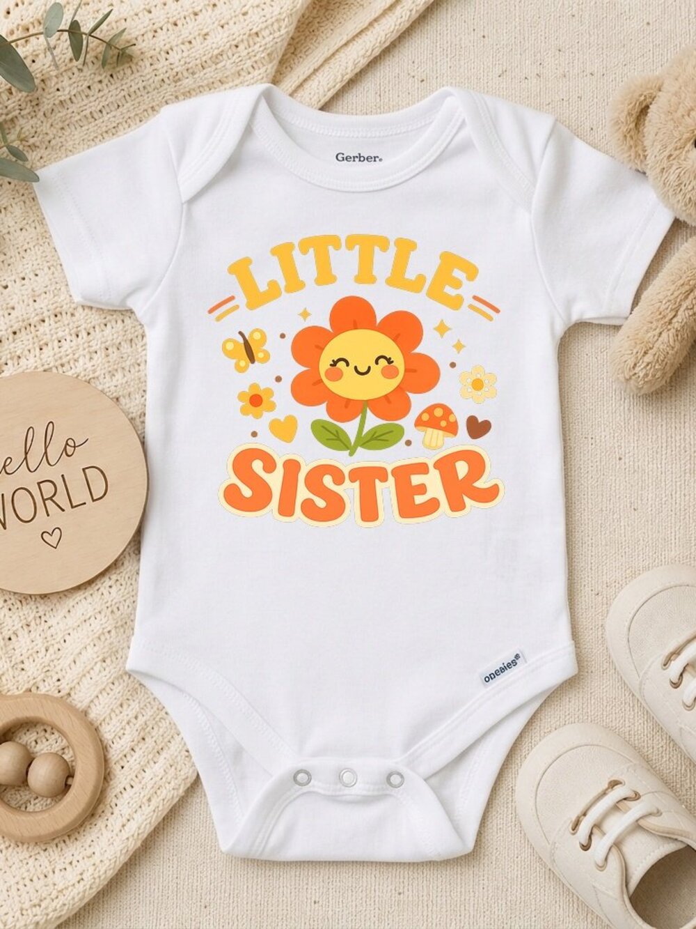 Retro Little Sister Smiley Face Flower Baby Outfit Gift ONESIE®